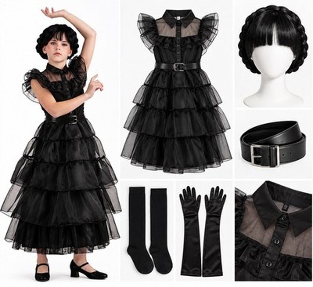 Girls Wednesday Costume Dress Set Black Halloween Wig Belt Socks Gloves 7/8